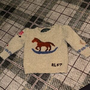 Ralph Lauren Cream Baby Sweater with Brown Horse and Blue Rocker